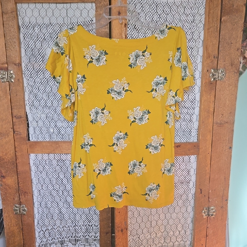 Floral Yellow Women's Top with Open Shoulders Size Small-Loft-FC - Picture 2 of 5